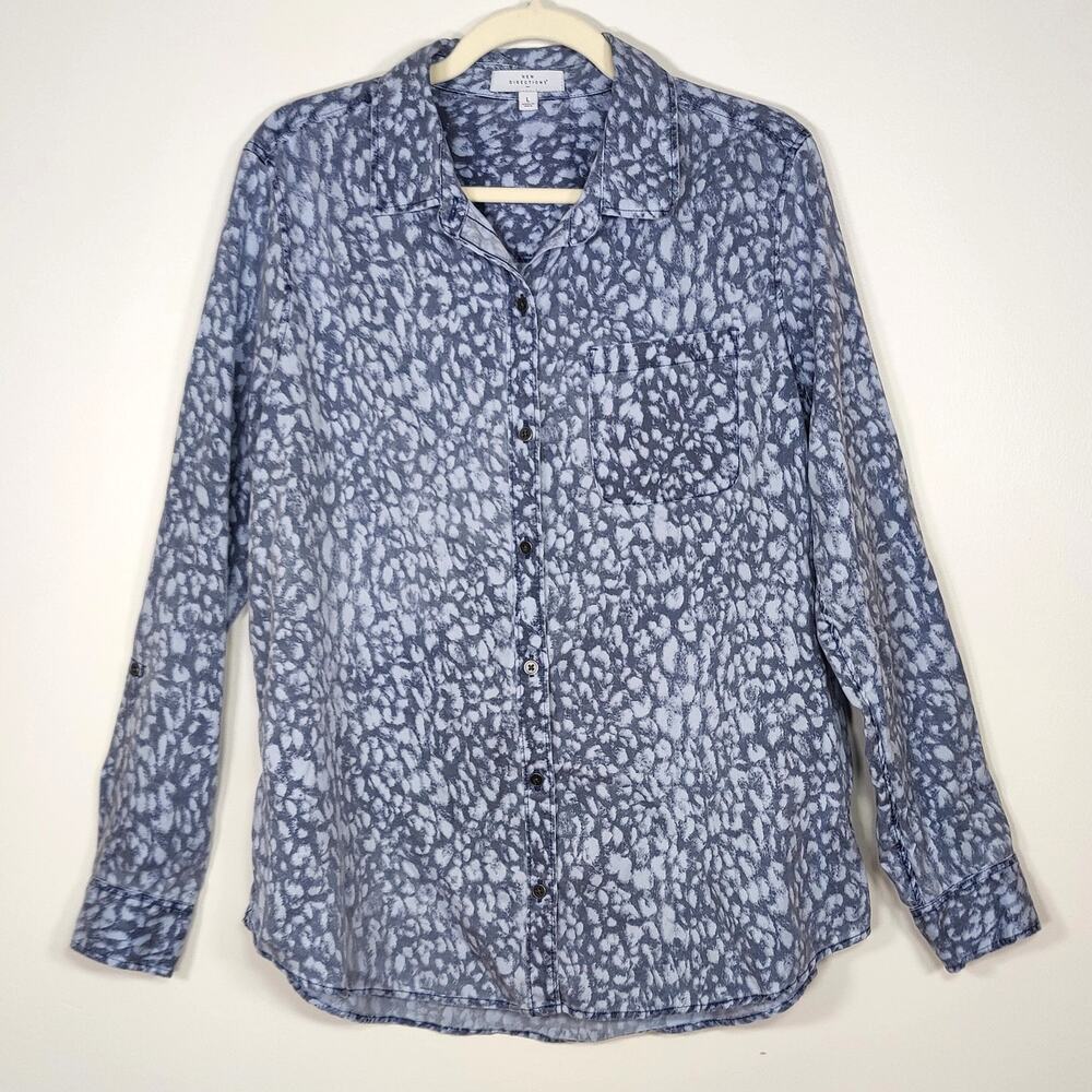 Lyocell Button Up Animal Print Blue Roll Tab Shirt L Casual Capsule Safari